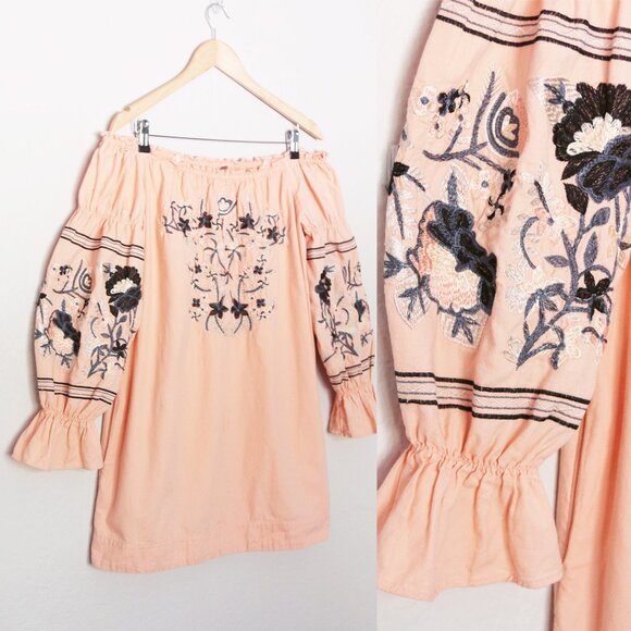 Free People Fleur Du Jour Off-The-Shoulder Pink Floral Embroidered Dress S $148 - Picture 4 of 15
